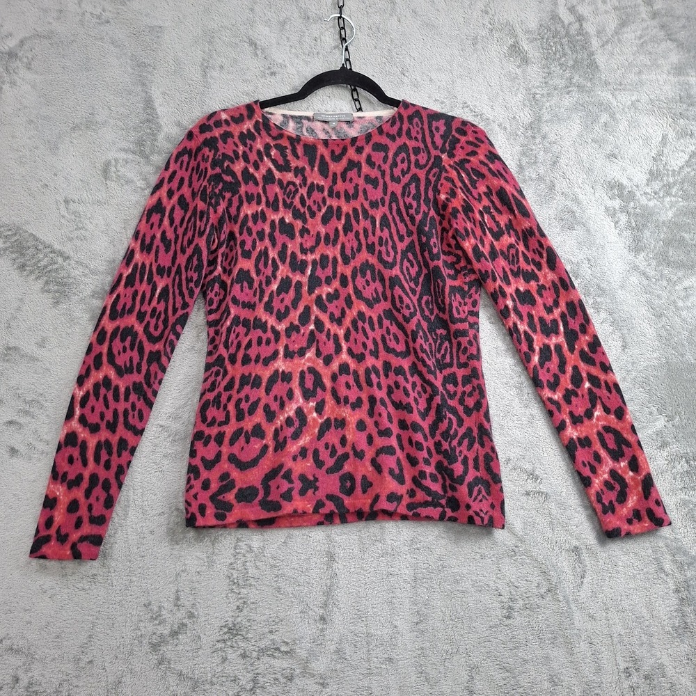 Neiman Marcus Cashmere Red Pink Black‎ Leopard Print Long Sleeve Sweater S